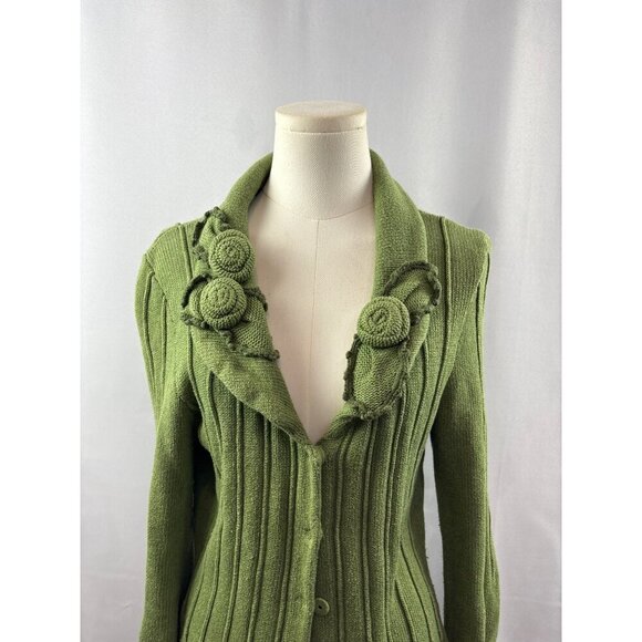 Cabi Green Knit Cardigan Sweater M Floral Crochet Detail Button Front 100% Cotto - Picture 1 of 7